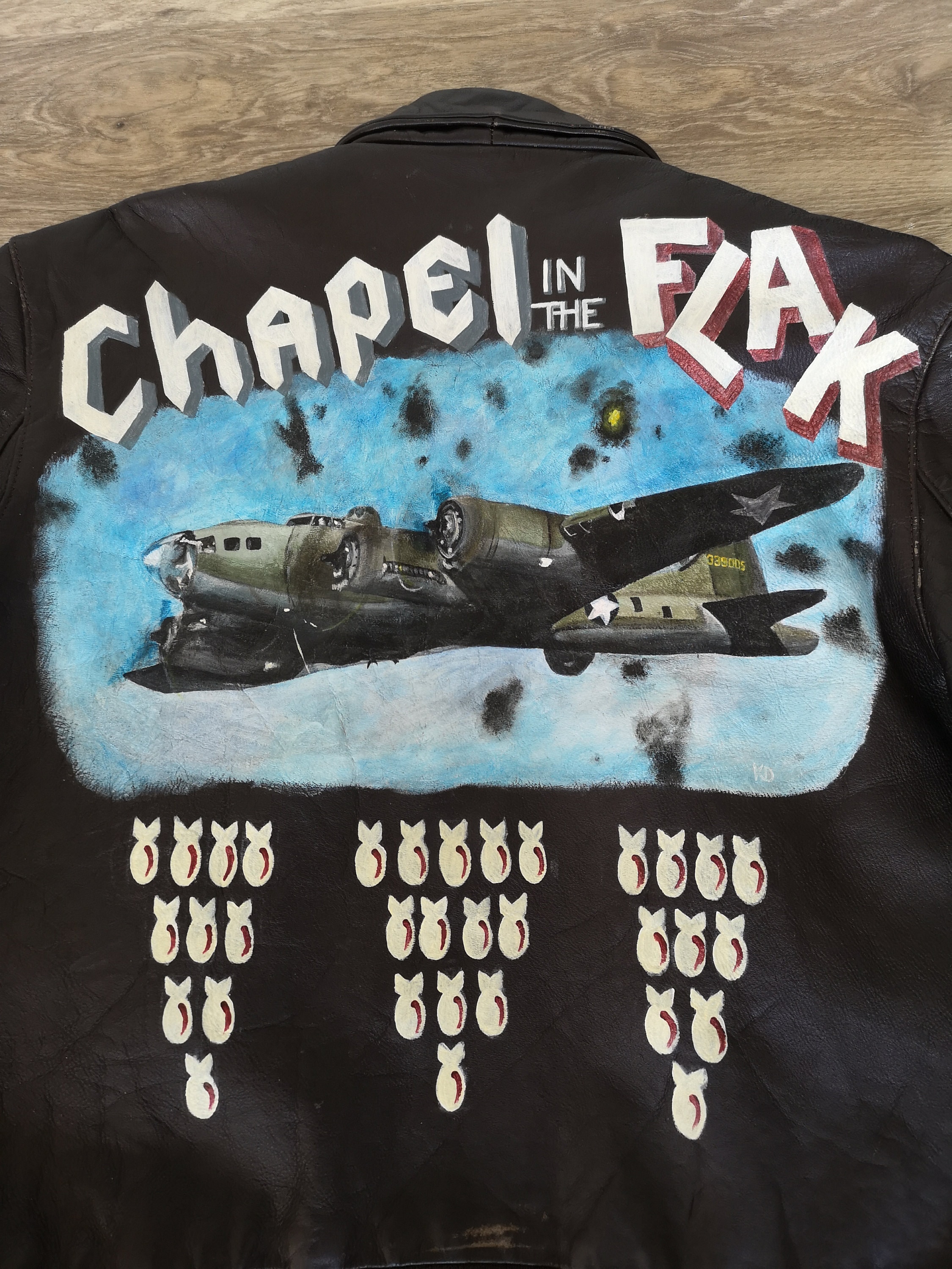Hand Painted Men's WW2 Inspired Nose Art Flight Jacket With Chapel