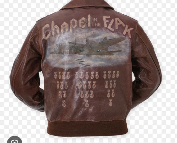 米軍 A-1ジャケット B-24 リベレーター 手書き ノーズアート レザー Hand Painted Men's WW2 Inspired Nose Art Flight Jacket With Chapel