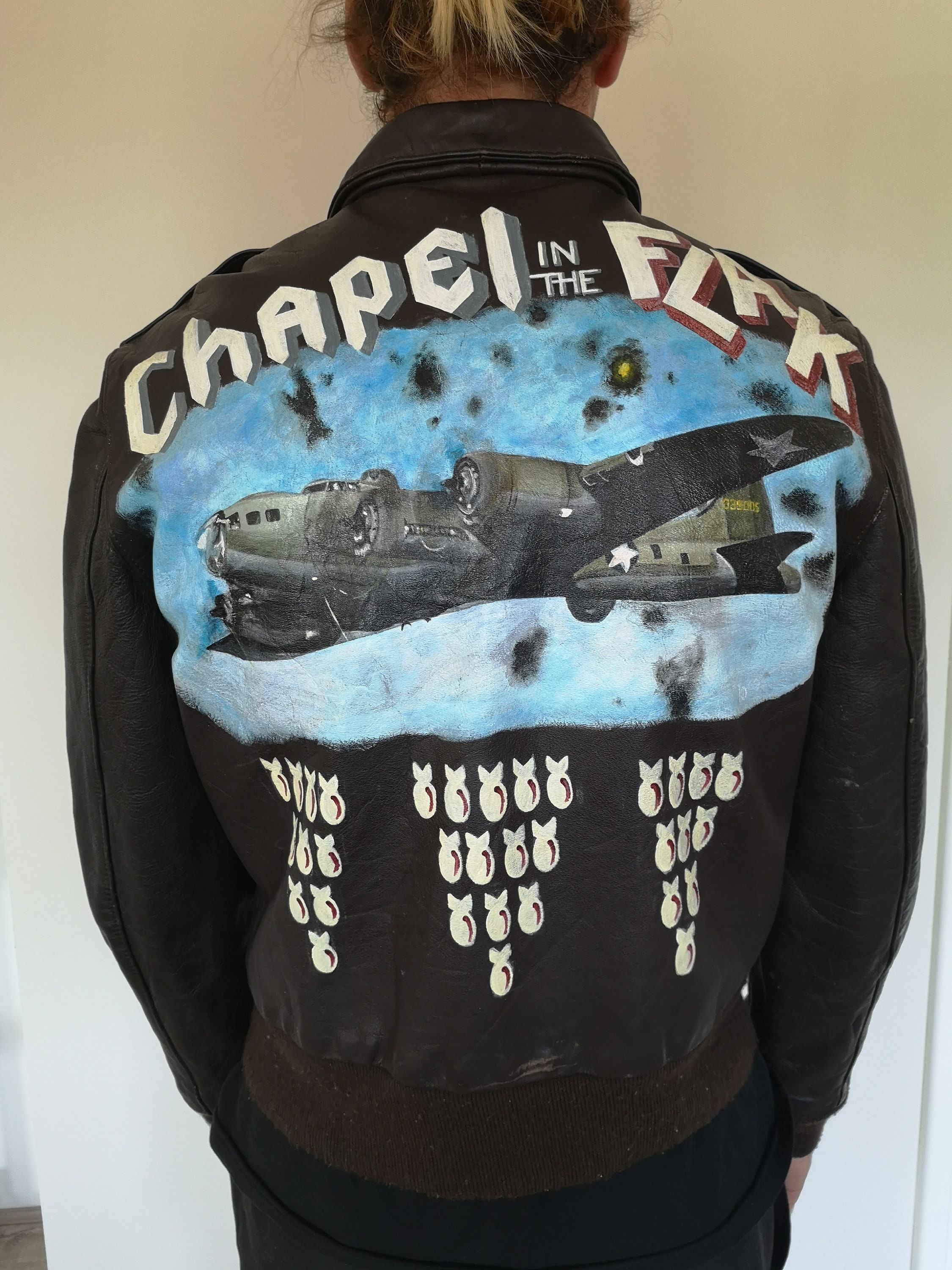 Hand Painted Men's WW2 Inspired Nose Art Flight Jacket With Chapel