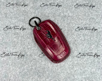 Crocodile Ford Mustang Key Fob Cover - Genuine Red Alligator Leather / Black Stitching