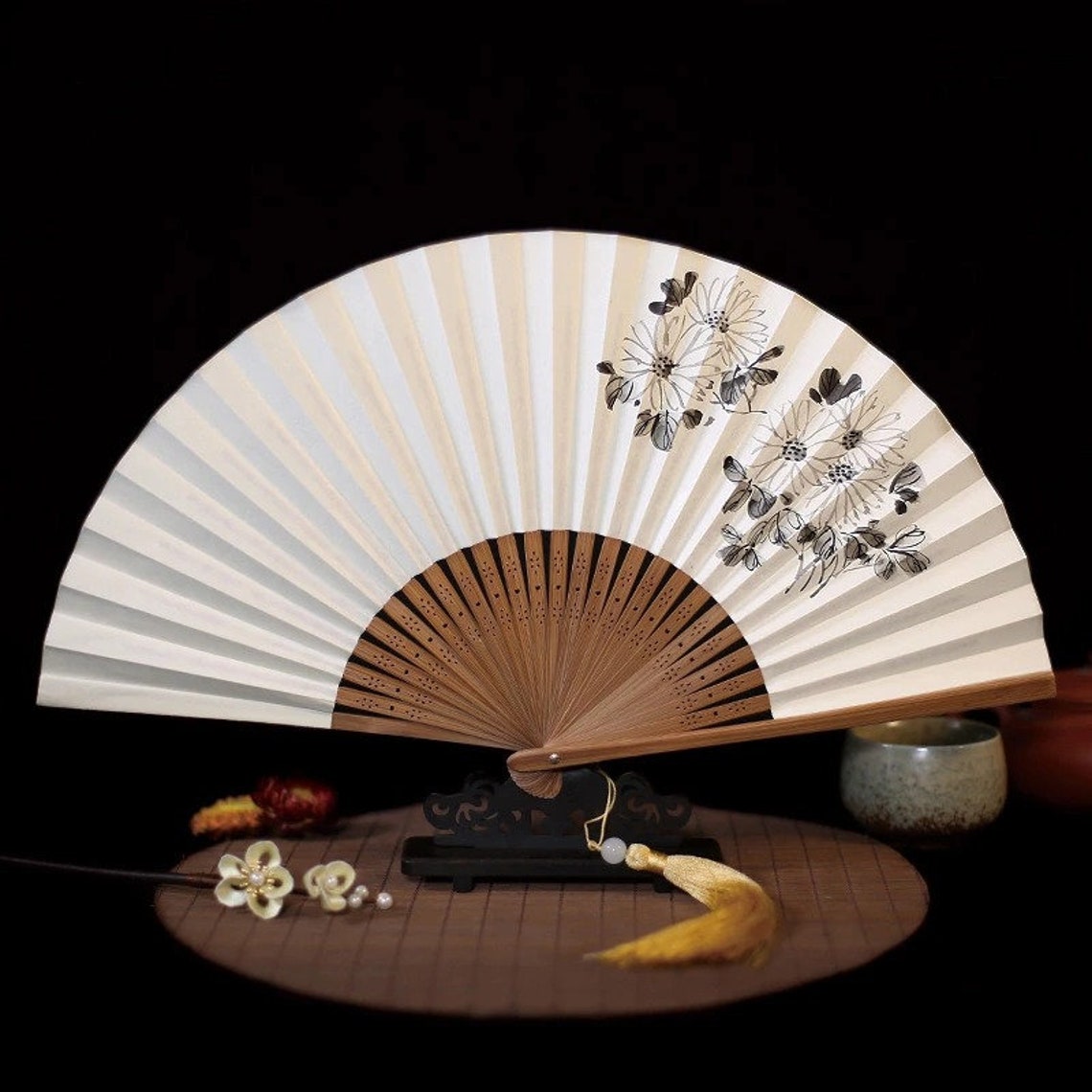 Silk hand held fan oriental japanese motive circle hand held Etsy