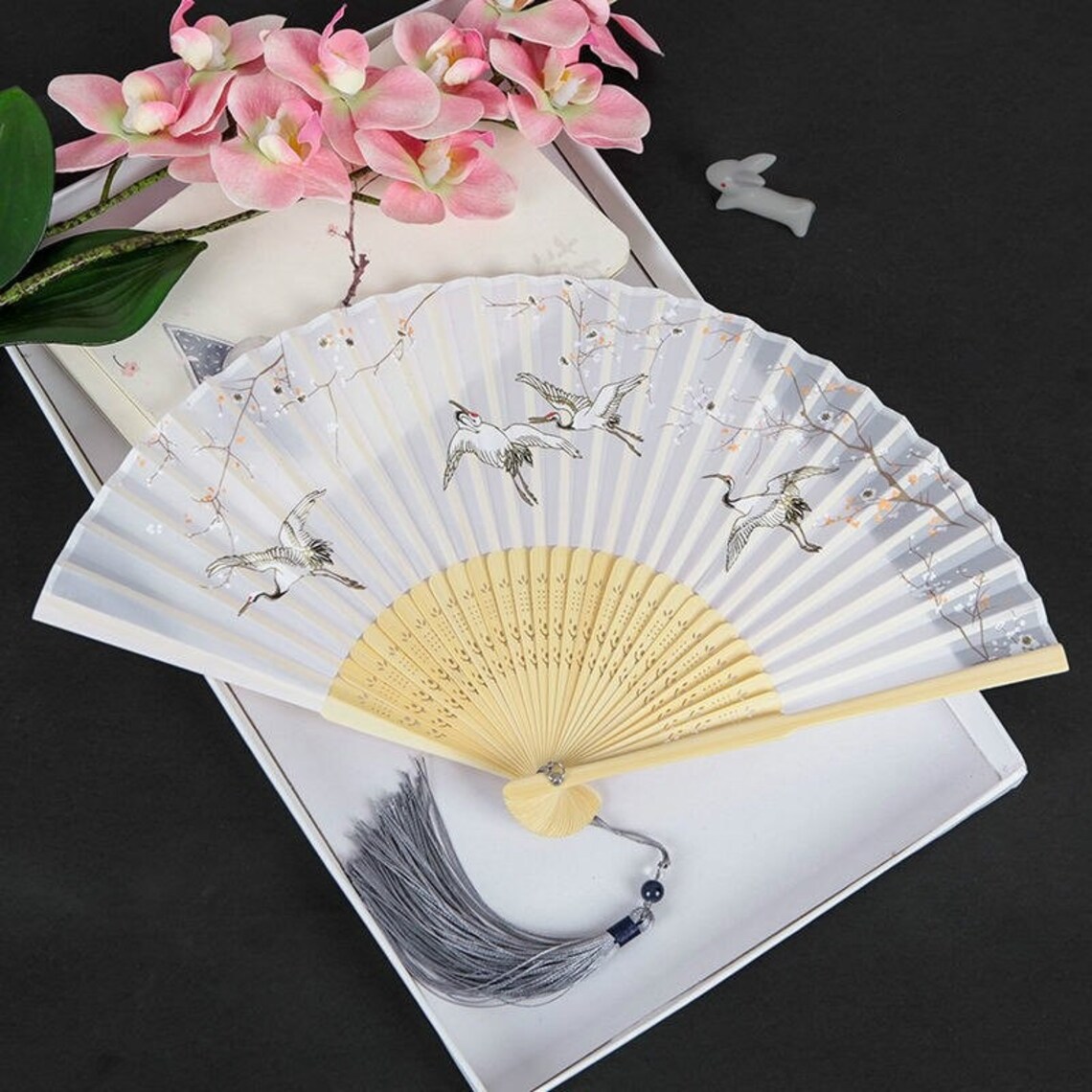 Silk Folding Fan Bamboo Handle Japanese Motive Danceing Hand Etsy