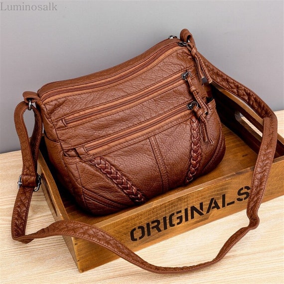 Leather Bag Multi Pocket Shoulder Crossbody for Women Lady 