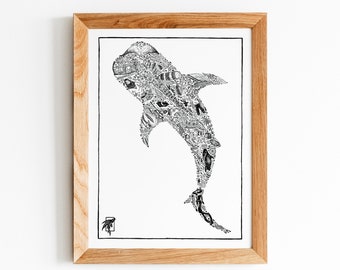 Maldives Whale Shark Print - Hand drawn, pen and ink, A3 sized illustration celebrating whale sharks, the ocean and Maldivian culture