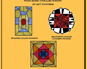 Puede incluir: Un conjunto de tres pegatinas inspiradas en la película Suspiria de 1977. Las pegatinas presentan diseños de vidrieras en rojo, azul, amarillo y negro. El texto en las pegatinas dice "Stained-Glass Window", "Beautiful Dance Academy Floor!" y "The Famous Stained-Glass Ceiling!!".