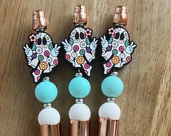 Floral Ghost Pen, Beaded Ballpoint Pen, Silicone Beaded Pen, Bead Pen, Silicone Beads, Cute Pen, Teacher Gift, Halloween Pen, Journaling Pen