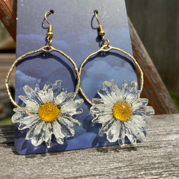 Real Daisy flower on gold hoop earrings /Resin flower earrings/ Gift for Friend, Mom/ *ECO* Carbon Neutral plant based resin* Sustainable