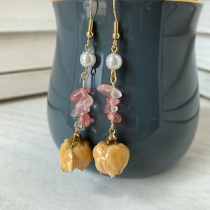 Real Yellow Rose and pearl earrings/ Resin flower earrings/ Dried real flower jewelry/ECO friendly plant based resin