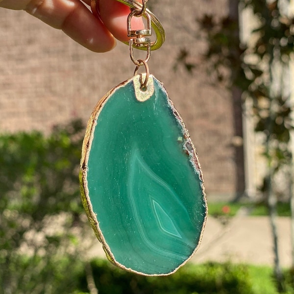 Green and Purple Agate keychain. Natural healing crystal. Agate stone slice