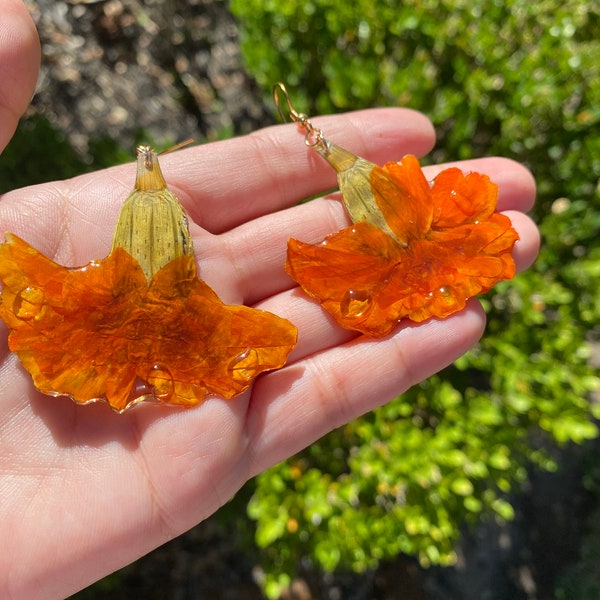 Real Marigold flower on gold hoop earrings /Resin flower earrings/ Gift for Friend, Mom/ *ECO* Carbon Neutral plant based resin* Sustainable