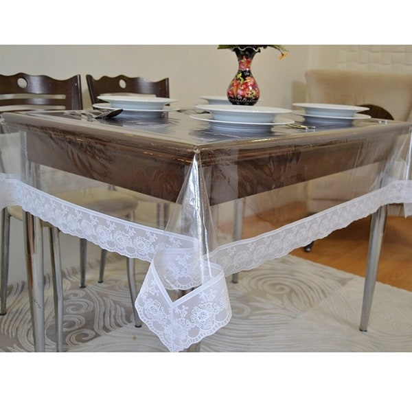 Nappe transparente en PVC lacée blanche, couverture de table transparente, nappe rectangulaire, nappe imperméable