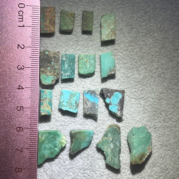 Turquoise 16 pre cut slabs. 12 gram - 61 ct Sunbell old stock Kingman- Manassa - Morenci - Bisbee All USA mined turquoise all USA SW mined