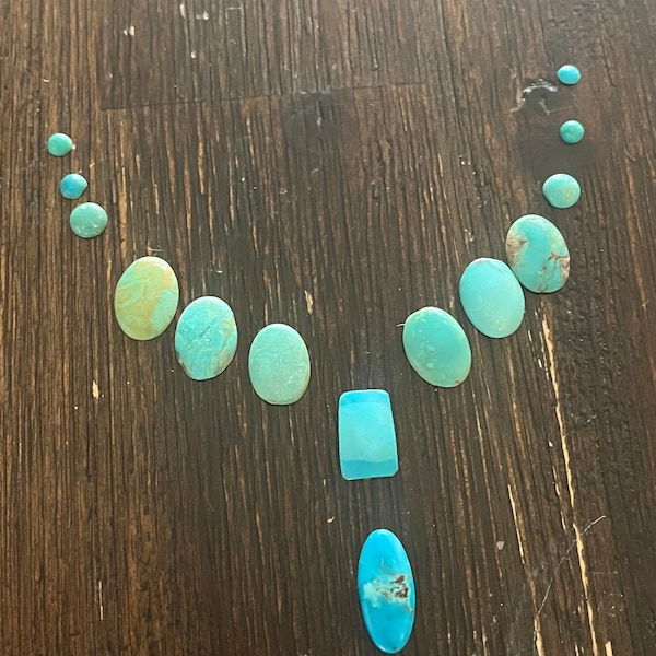 Turquoise set. Sunbell old stock mix Kingman, Morencei, Bisbee.  Cabochon 14 pc Set USA Southwest mined 26.1 ctw