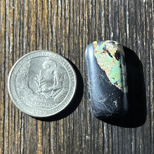 Pode incluir: Uma pedra cabochão preta e verde com uma incrustação turquesa. A pedra é aproximadamente do tamanho de uma moeda de 25 centavos de dólar americano.