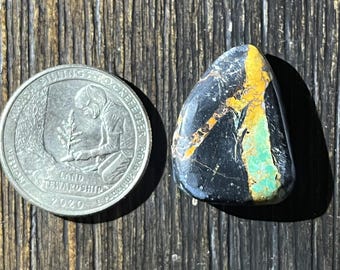May include: A black, green, and yellow stone cabochon with a rough, natural finish. The stone is about the size of a US quarter.
