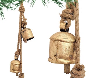 HIGHBIX Rustic Style 4 Bells Cluster Hanging Handmade Metal Harmony Christmas Hanging Cow Bells on Jute Rope