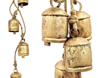 HIGHBIX Harmony 4 Cow Bells Cluster on Rope Large Rustic Vintage Lucky Cow Bells On Rope Wall Hanging Décor