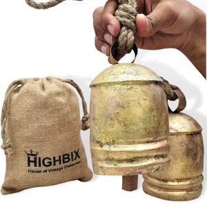 HIGHBIX 16cm X-Large Handmade Rustic Vintage Lucky Metal Cow Bells On Rope with Classic Jute Bag Wall Hanging Décor