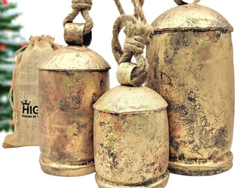 HIGHBIX Set of 3 Giant Harmony Cow Bells Large Vintage Handmade Rustic Lucky Christmas Bells On Rope