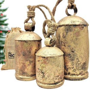 HIGHBIX Set of 3 Giant Harmony Cow Bells Large Vintage Handmade Rustic Lucky Christmas Bells On Rope