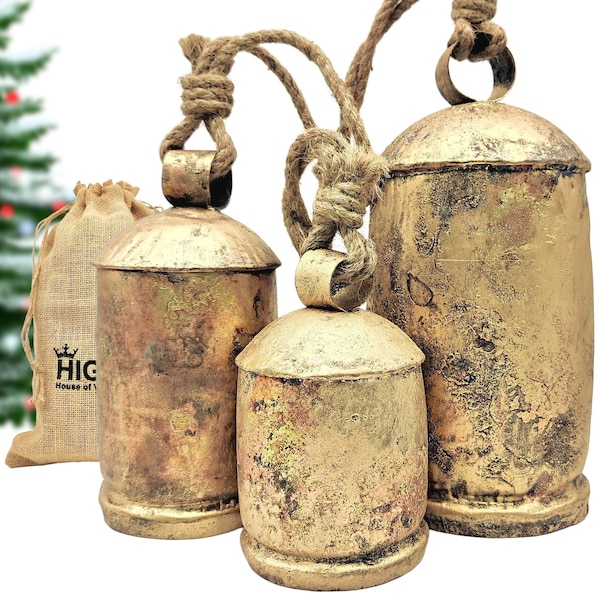 HIGHBIX Set of 3 Giant Harmony Cow Bells Large Vintage Handmade Rustic Lucky Christmas Bells On Rope