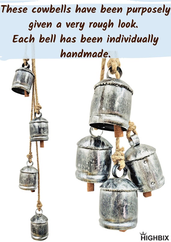 Harmony 4 Cow Bells Cluster on Rope Large Cow Bell with Jute Hanging Rope