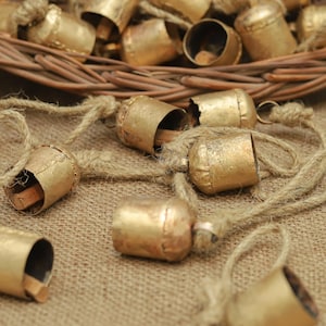 Handmade Metal Bells with Jute – Vintage Rustic Farmhouse Christmas Decor – Mini Craft & DIY Supply – Boho Festival Ornaments - Set of 12
