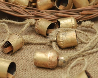 Handmade Metal Bells with Jute – Vintage Rustic Farmhouse Christmas Decor – Mini Craft & DIY Supply – Boho Festival Ornaments - Set of 12