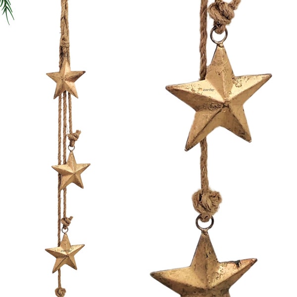 HIGHBIX Rustic Style 4 Star Cluster Hanging Handmade Metal Harmony Christmas Hanging on Jute Rope