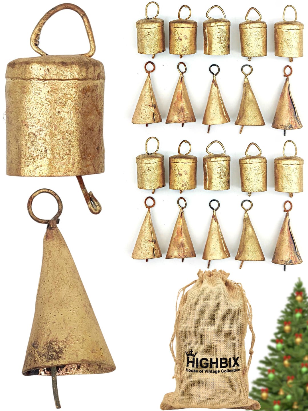 HIGHBIX Shabby Chic Floral Etching Bells On Metal Hanging Rod X-Large