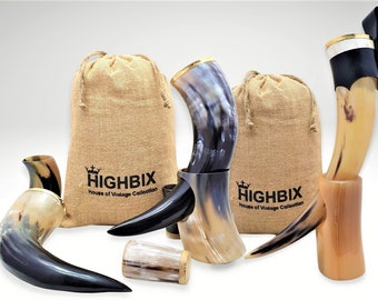 HIGHBIX Viking Drinking Horn Set Premium Natural Viking Drinking Horn with Stand Viking Horn for Mead, Ale and Beer