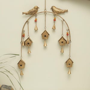 Handmade Bird & Birdhouse Metal Wall Hanging with Bells – Rustic Garden and Home Décor | Wind Chime for Balcony, Porch, Boho Spaces