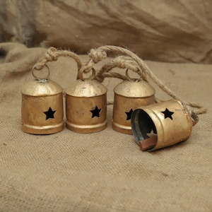 Rustic Gold Bells Cluster | 4&quot; Handmade Metal Cowbells with Star Cutout | Vintage Jingle Bells on Jute Rope | Farmhouse Christmas Ornament