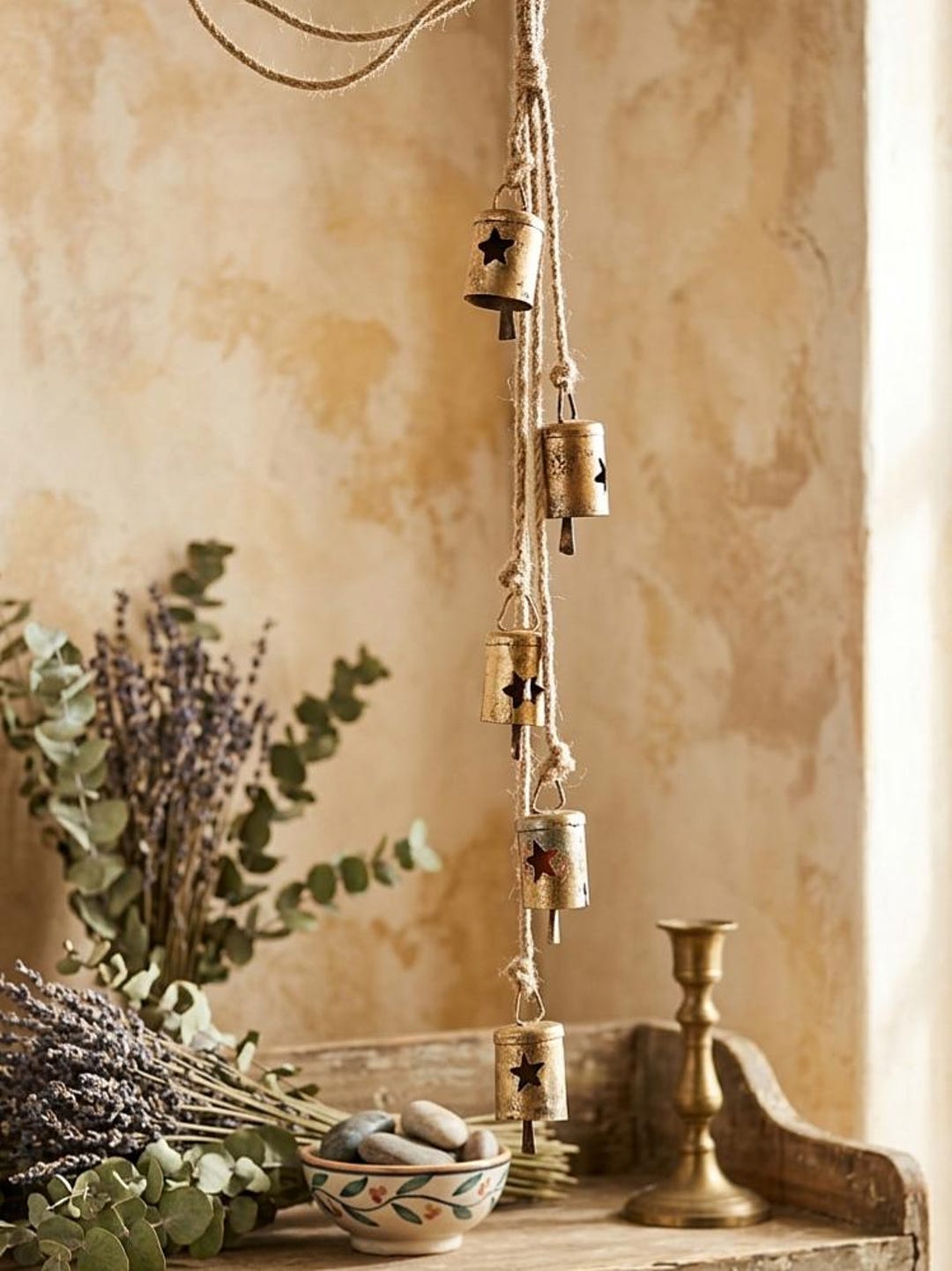 Rustic Star Cutout Metal Bell Wind Chime Hanging Decor, Handmade Jute ...