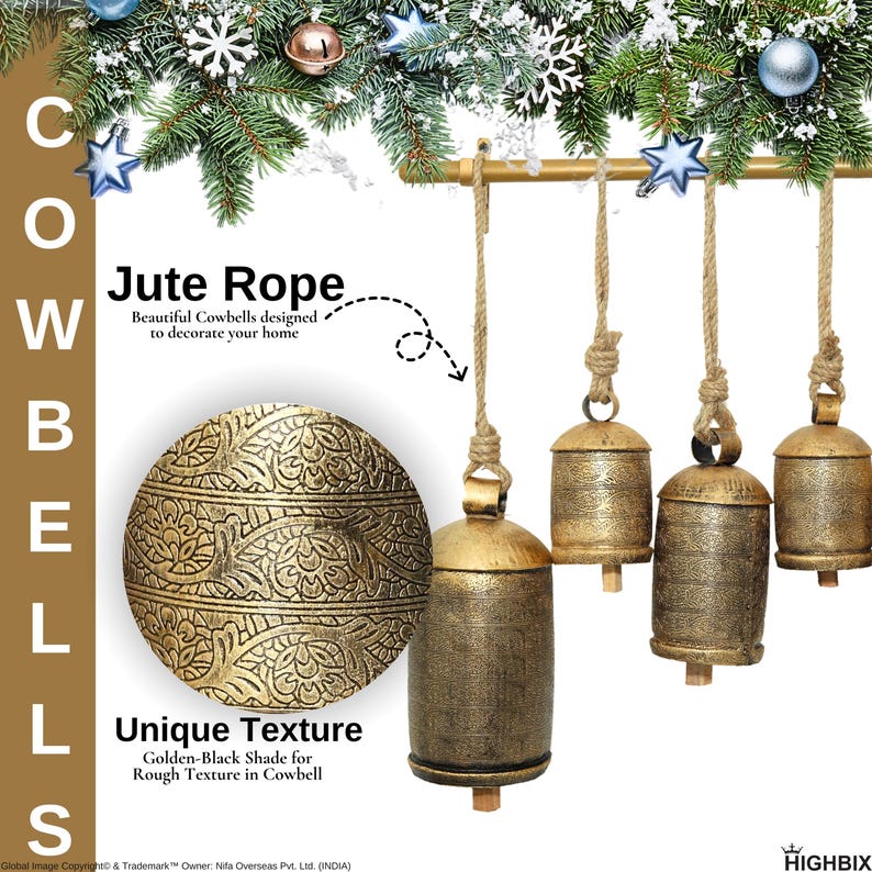 HIGHBIX Shabby Chic Floral Etching Bells On Metal Hanging Rod X-Large