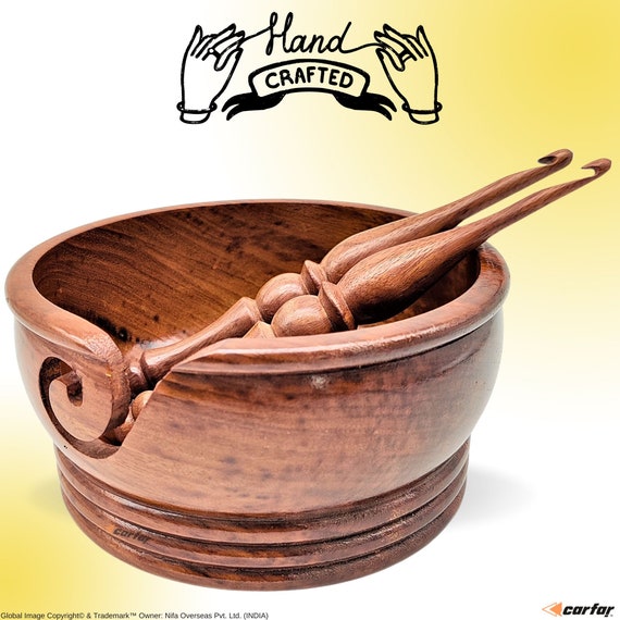 HIGHBIX Knitting Yarn Bowl & Crochet Hooks Set Handmade Wooden Yarn Bowl  for Crocheting and Knitting Smooth Finish 