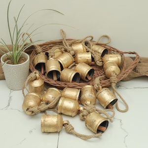 Large Chunky Rustic Cow Bells – 4&quot; Vintage Metal Bells on Jute Rope – Farmhouse Wall Hanging Décor – Handmade Lucky Boho Bell Ornament