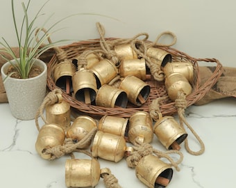 Large Chunky Rustic Cow Bells – 4&quot; Vintage Metal Bells on Jute Rope – Farmhouse Wall Hanging Décor – Handmade Lucky Boho Bell Ornament