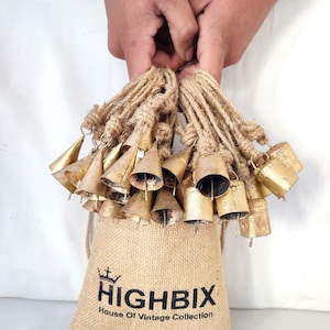 HIGHBIX 4cm Vintage Rustic Lucky Cone-Cylinder Tin Cow Bells Handmade Christmas Décor Bells With Jute Rope