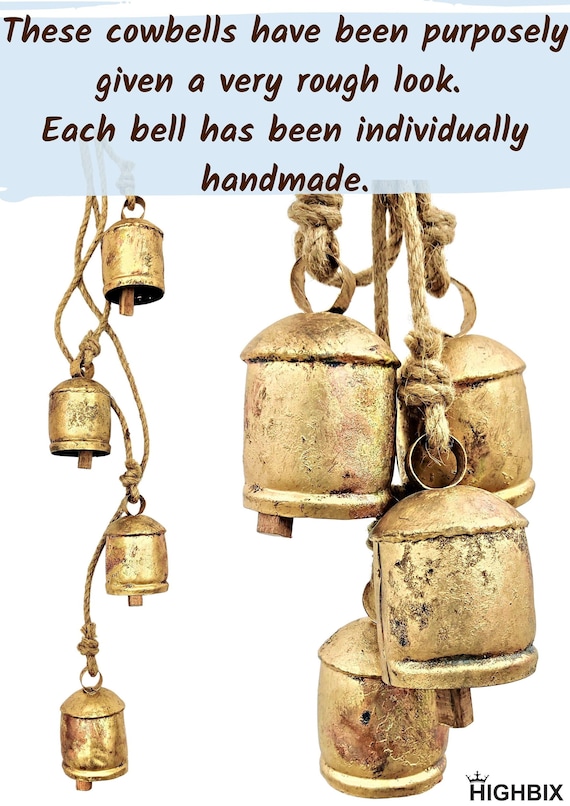 HIGHBIX Harmony 4 Cow Bells Cluster on Rope Large Rustic Vintage