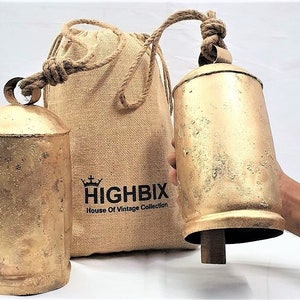 HIGHBIX 25cm XX-Large Handmade Rustic Metal Vintage Lucky Cow Bells On Rope Wall Hanging Décor on Rope with Jute Bag