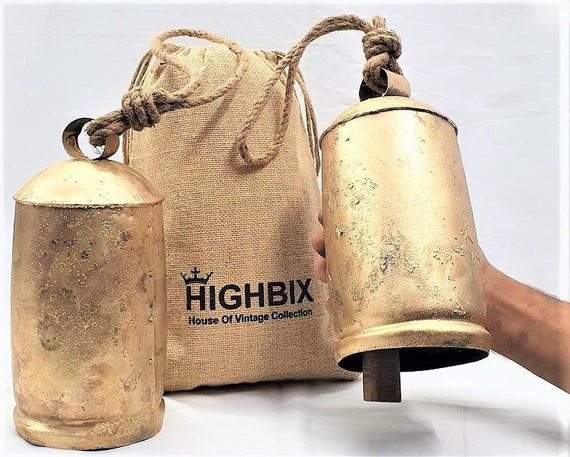 HIGHBIX Complete Set of 15 Giant Harmony Cow Bells Vintage Handmade Rustic  Lucky Cow Bells on Rope With Pole and Wall Mount 