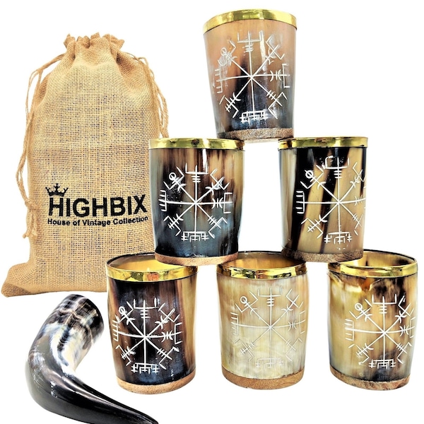 HIGHBIX Royal Viking Drinking Horn Shot Glass Cup Brass Ring Genuine Handcrafted Viking Horn Cup Original Medieval Cup with Classic Jute Bag