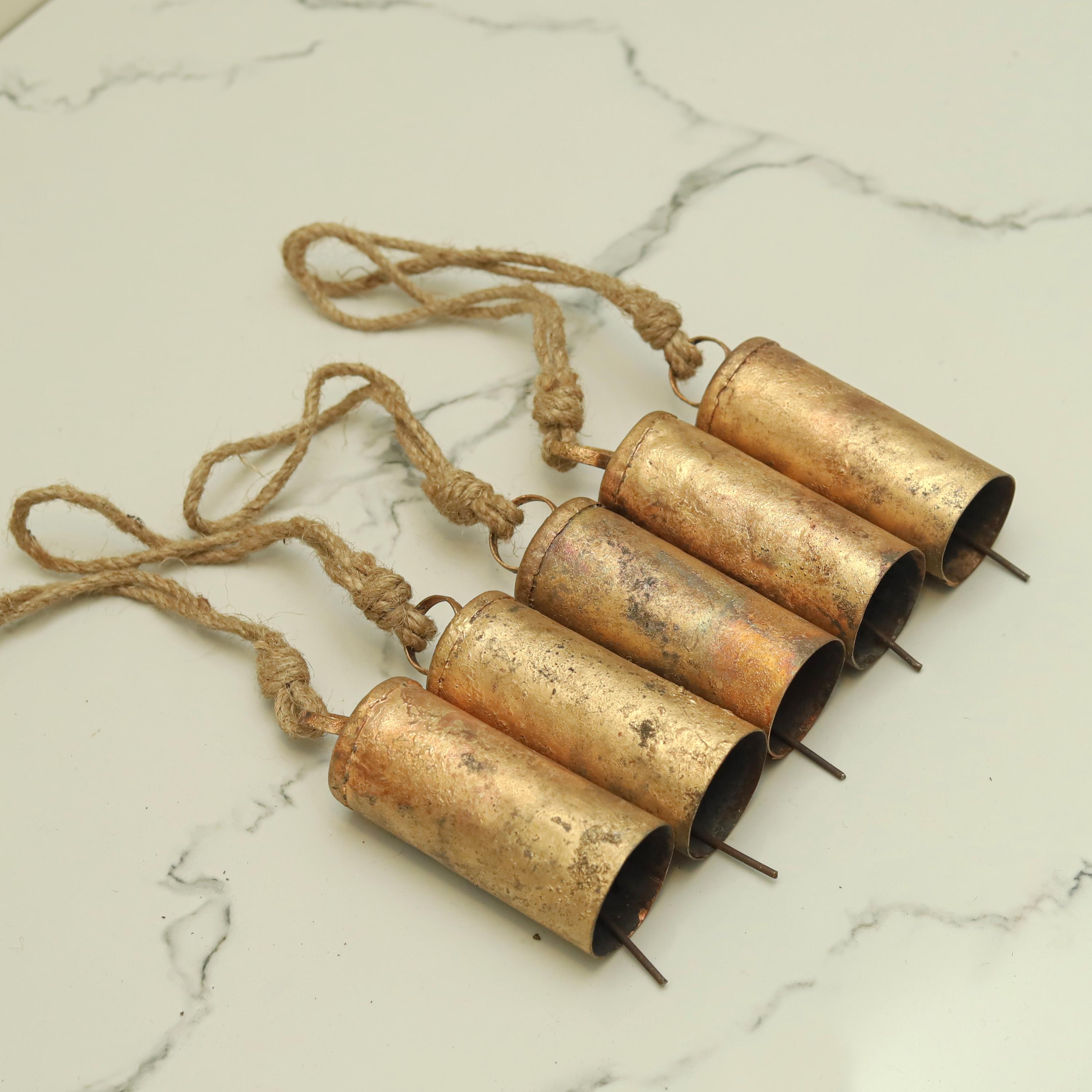 Rustic 4-Inch Handmade Cylinder Bells Set | Vintage Metal Cowbells on Jute Rope | DIY Projects, Farmhouse Decor & Handmade Hanging Art