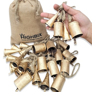 HIGHBIX 7cm Big Handmade Vintage Rustic Lucky Tin Cone/Cylinder Shaped Cow Bells Festive Décor Bells With Jute Rope