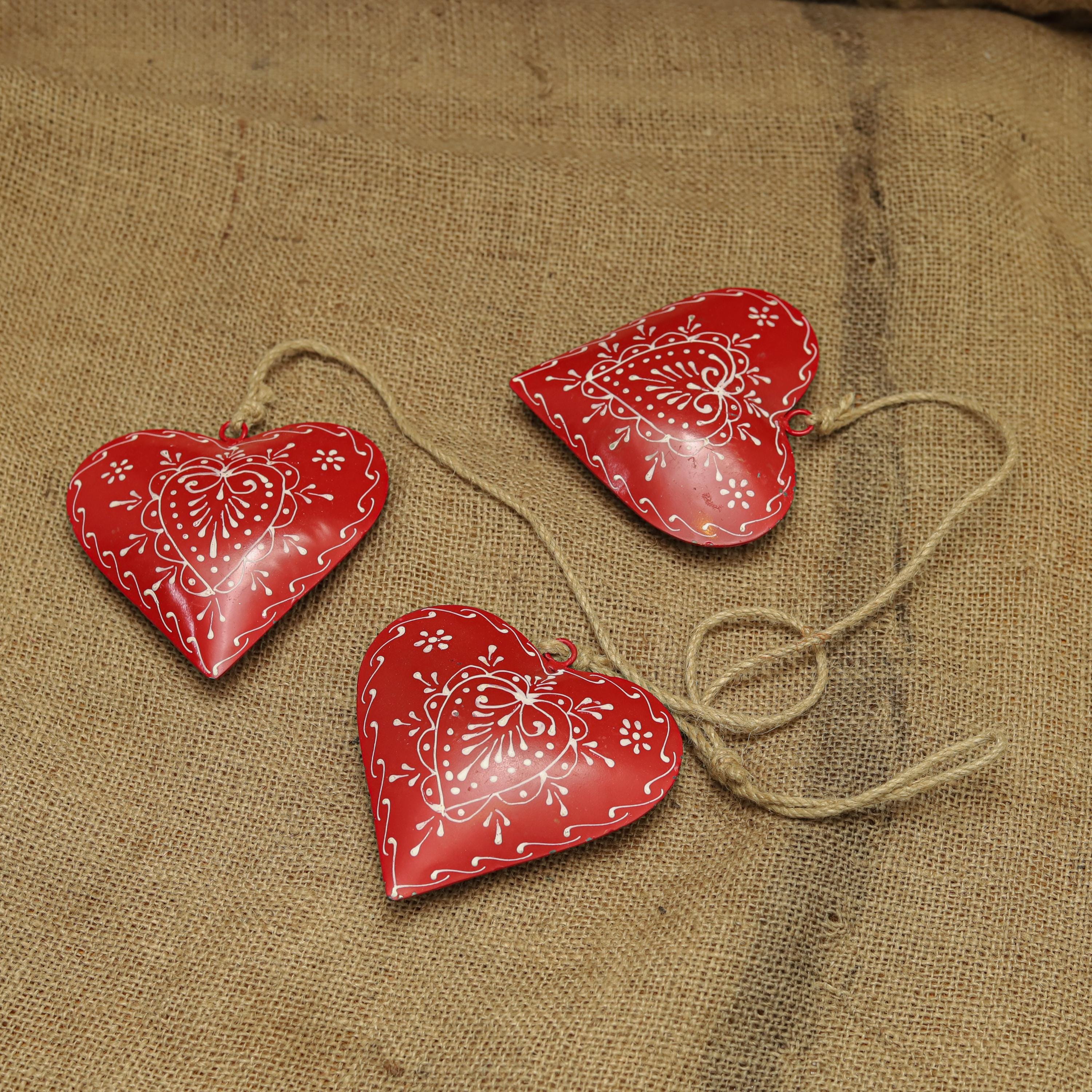 Red Heart Hanging Ornaments | Hand-Painted Metal Hearts with White Folk Design | Rustic Farmhouse Valentine Decor | Christmas Tree Ornament