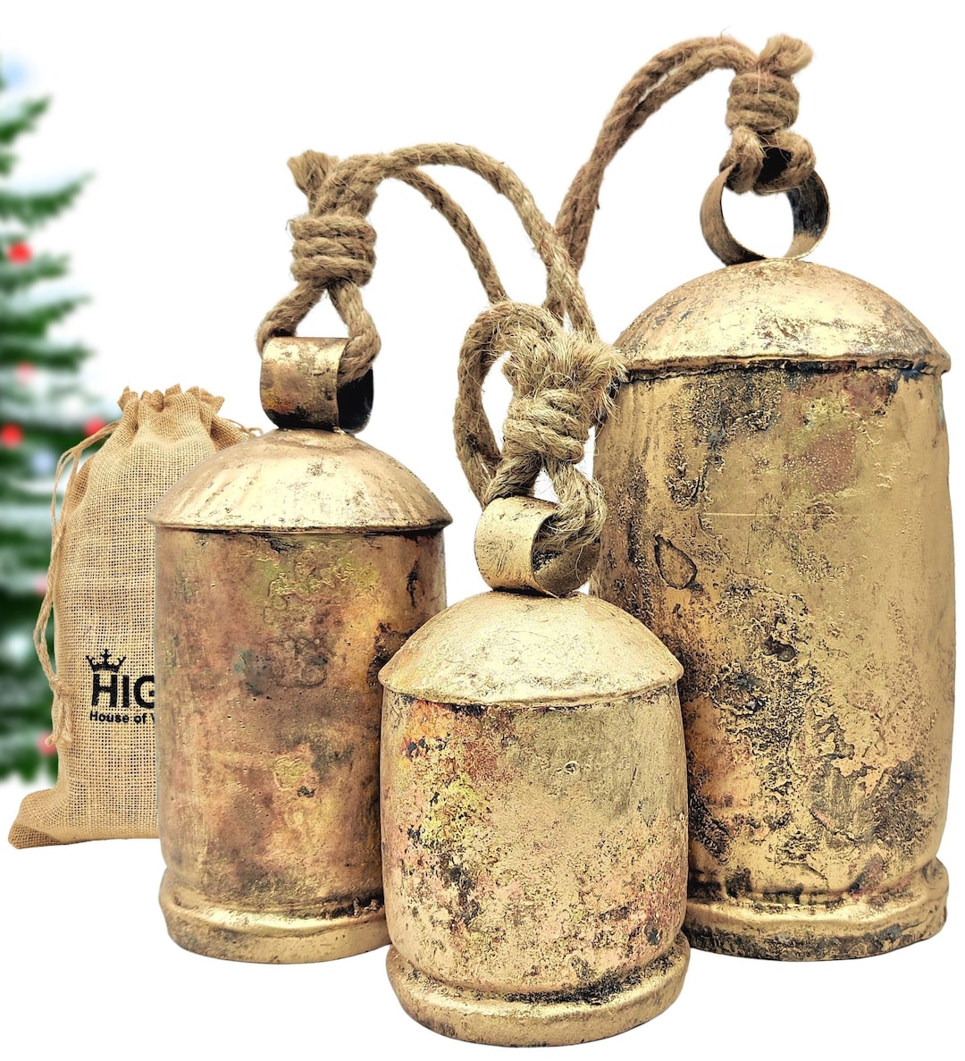 HIGHBIX 10cm Large Rustic Vintage Lucky Round Cow Bells On Rope Wall  Hanging Décor (5)