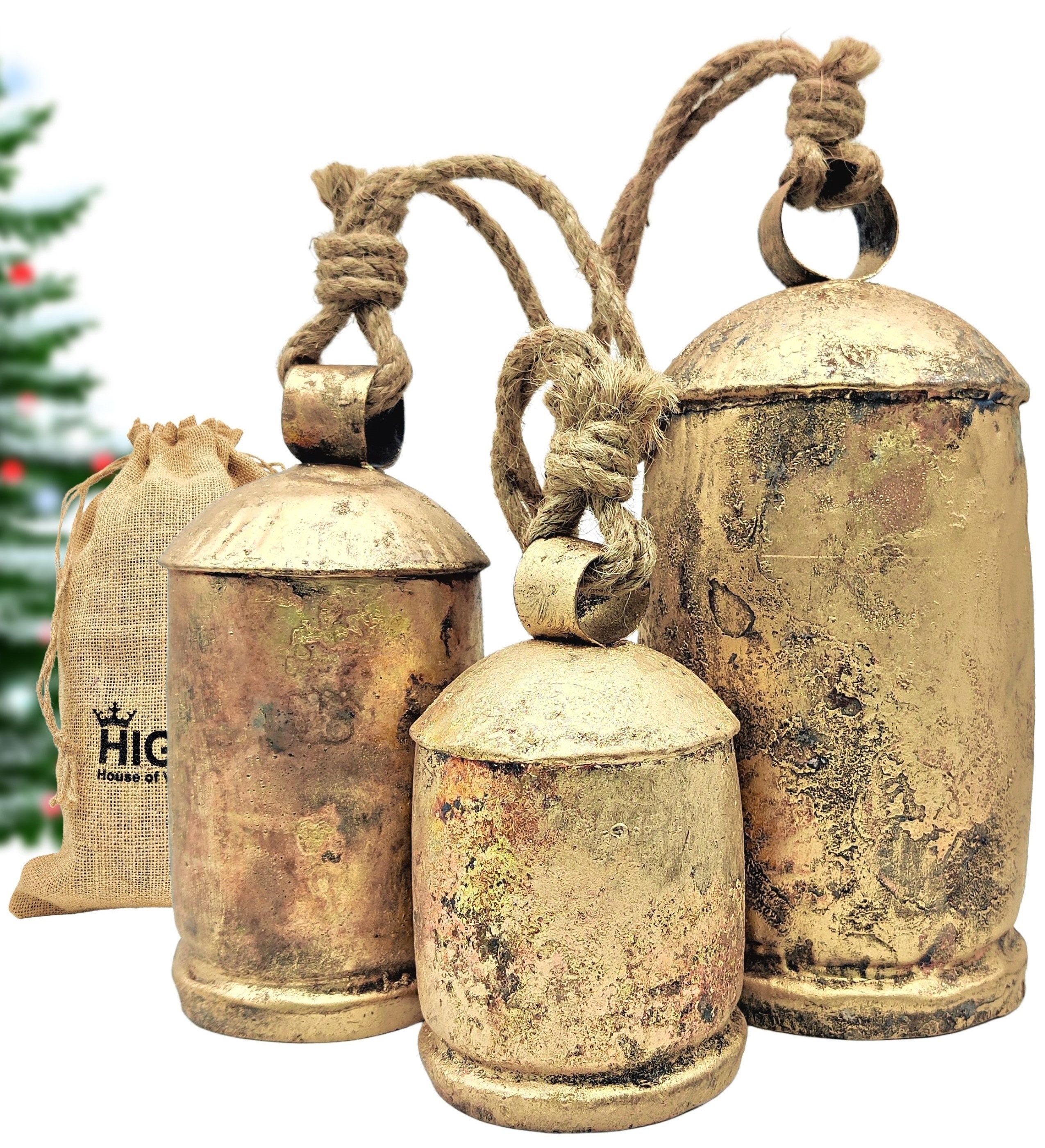 Rustic Cow Bells on Rope Set of 3 - 3, 4, 5 Tall - Paykoc