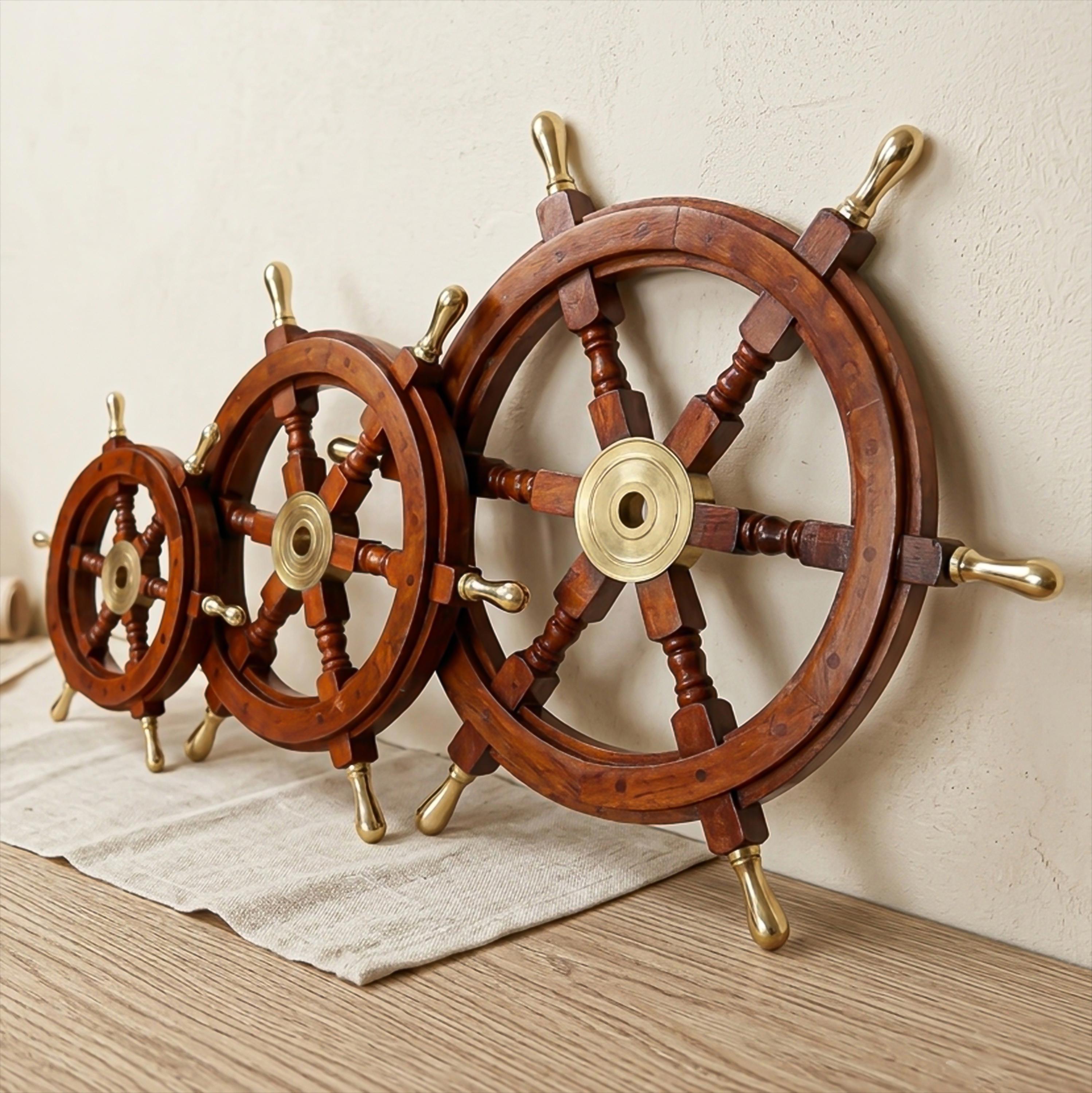 Wooden Ship Wheel With Brass Handle, Nautical Maritime Wall Decor