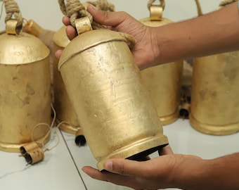 XX-Large Rustic Cow Bells on Jute Rope –10&quot; Handmade Vintage Metal Bells – Farmhouse Wall Hanging Décor – Boho Lucky Festival Bells